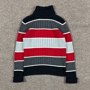 Vintage Black Grey Red Ribbed Striped Knit Turtleneck Sweater Women’s S 90s Y2K